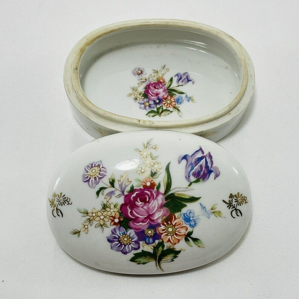 Vintage Kpm Arnart Trinket Box 4” Porcelain Lid Flower White Storage Oval Japan